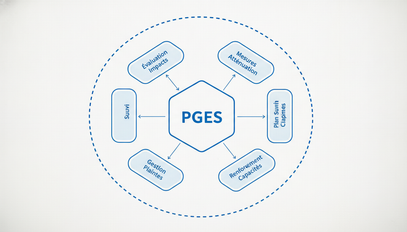 Schéma architectural d'un Plan de Gestion Environnementale et Sociale (PGES) montrant ses composantes interdépendantes : évaluation des impacts, mesures d'attén
